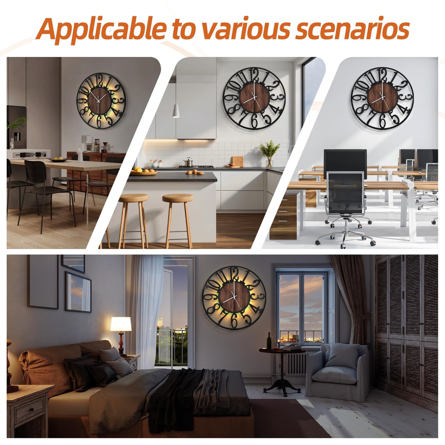 LEIKE Large Wall Clocks with Night Light Battery Operated,Silent Non Ticking,Rustic Modern Big Wood Clock for Living Room, Bedroom,Kitchen,Farmhouse,Office,Home Decor-24 Inch(Black-Arabic Number)