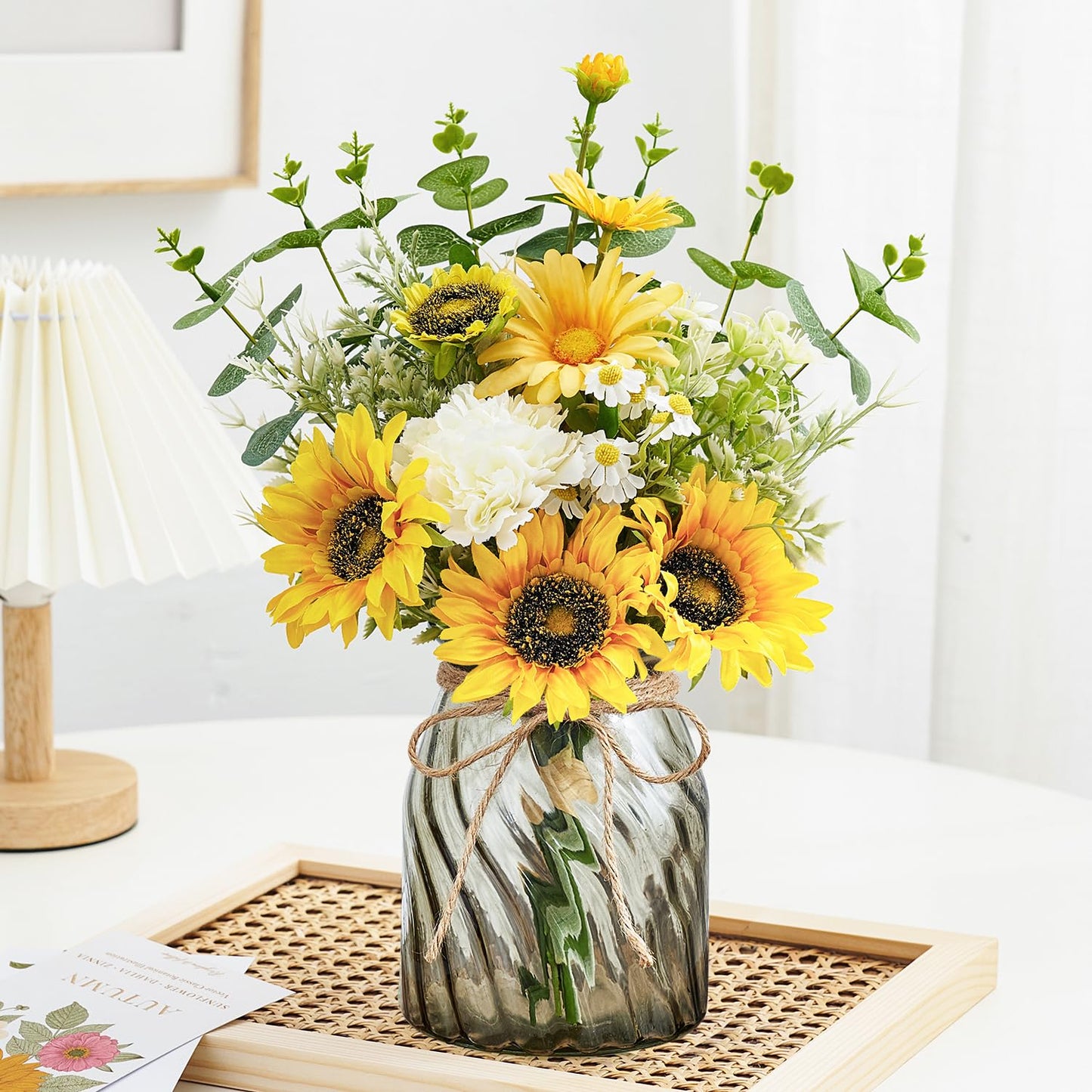COZZI CODI Fake Flowers Artificial Sunflowers with Vase, Faux Silk Flowers Plants for Home Office Decorations, Kitchen Dining Table Decor, Farmhouse Centerpiece Table Decoration