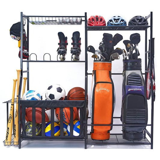 WALMANN Garage Sports Equipment Organizer, Golf Bag Stand for Garage Ball Storage Rack Indoor/Outdoor Kids Toys Storage Organizer Bins, Ball Holder with Baskets