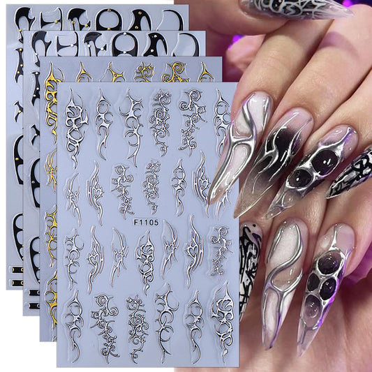 8 Sheets Goth Nail Stickers for Nail Art 3D Punk Style Black Belt Nail Art Stickers Gold Silver Flame Lines Nail Decals Self-Adhesive Centipede Pattern Irregular Geometric Lines Nail Design for Women