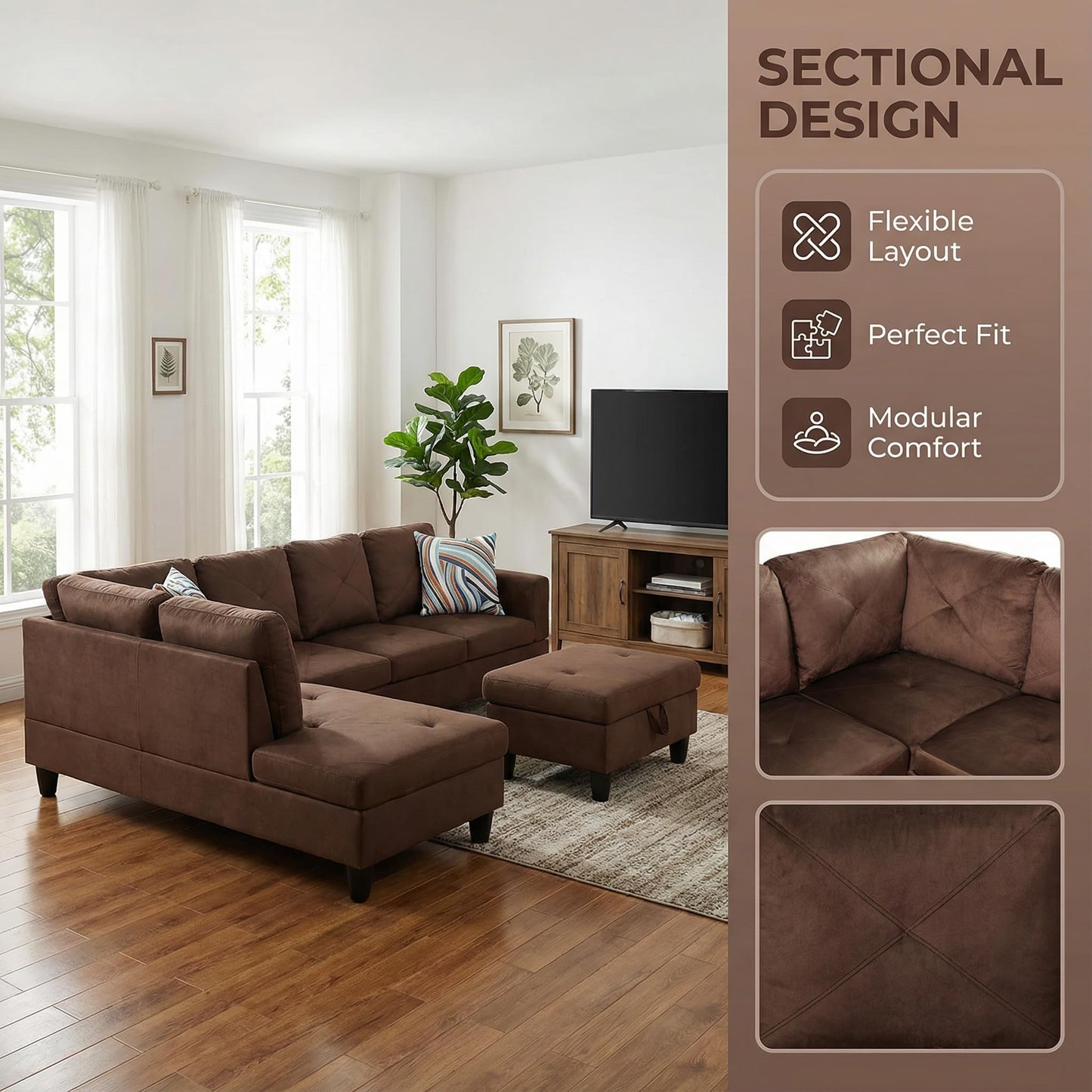 Trygoal 3-Piece L-Shaped Modular Leather Sofa – Convertible Sectional Couch with Movable Chaise & Storage Ottoman, Multi-Scene Use for Living Room, Apartment & Office, Brown