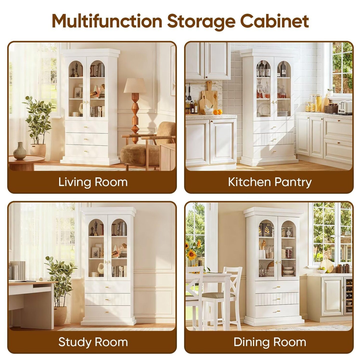 Vyre 71" Arched Kitchen Cabinet, Double Glass Door Display and Storage Cabinets with Drawers, Modern Pantry for Dining Room or Living Room, White with Gold Handles, 2 of Set