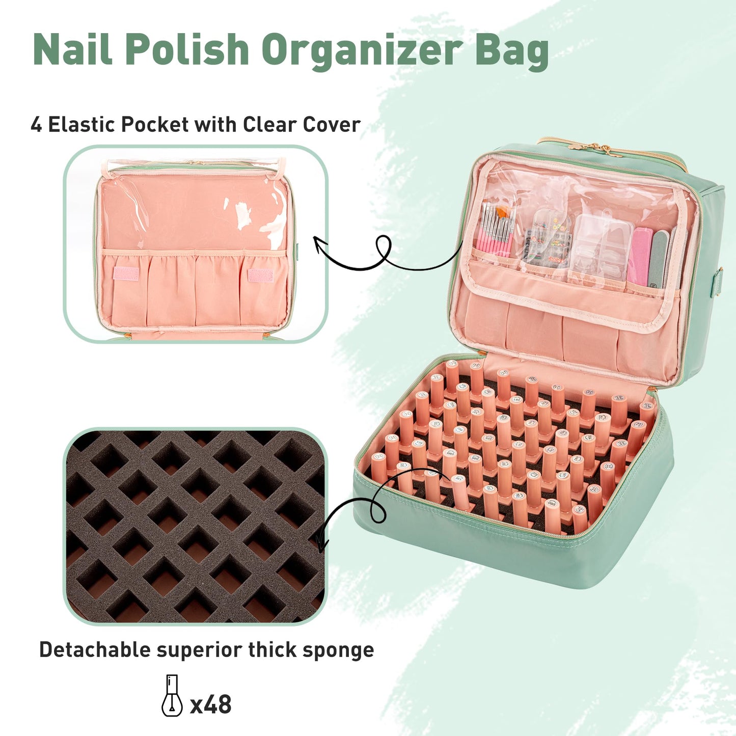 KGMCARE Nail Polish Organizer Case, Nail Supplies Storage Holds 60 Bottles Nail Polish & Nail Lamp Gel Nail Travel Carrying Bag for Nail Kit (Green)