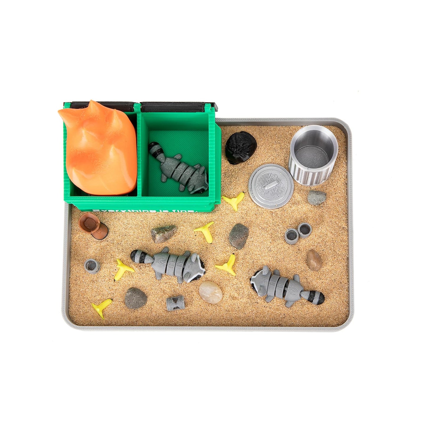 Stylor Dumpster Fire Zen Garden Desk Decor - 3D Print Plastic Miniature Sandbox with Raccoon & Flames, Humorous Office Stress Relief Gift, Includes Stones, Sand & Accessories