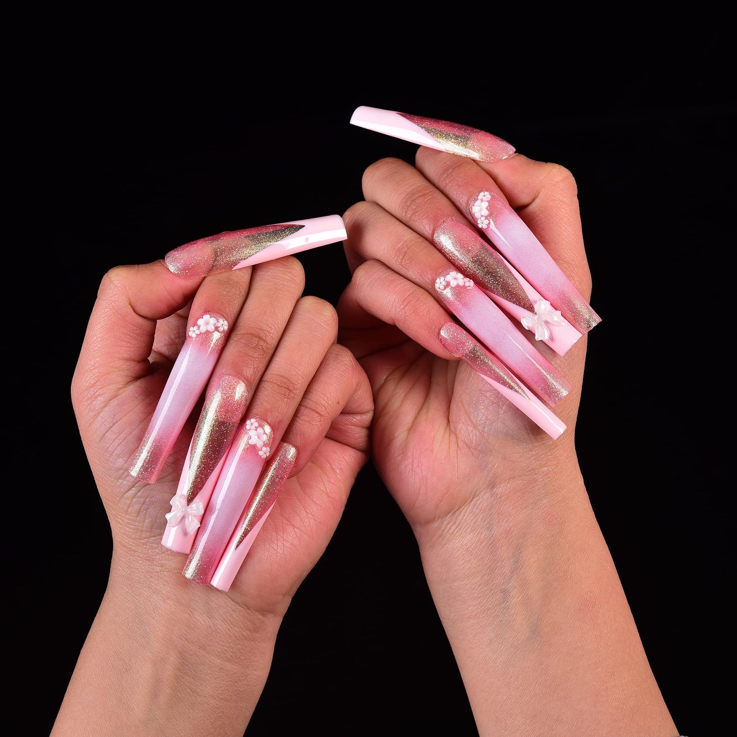 Tmani 10pc/set Extra Long Handmade Press On Nail Hot Girl's Long Ballet Square Nail Full of Diamond Glitter Decoration Fake Nails Suitable For Girls Festival Parties and Birthday Gift（123,Size-S)