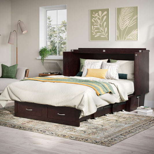 AFI, Chelsea Mid-Century Modern Queen Solid Wood Murphy Bed Chest with 6" Mattress, Storage Drawer & Built-in USB Charger, Espresso