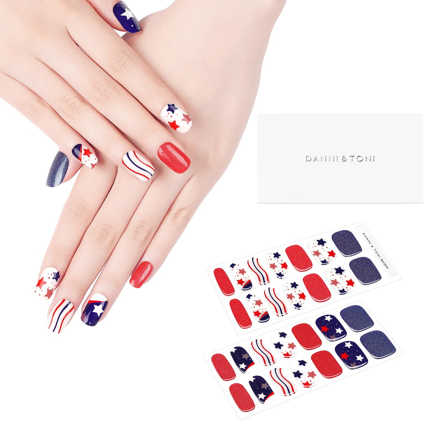DANNI & TONI Semi Cured Gel Nail Strips Independence Day (USA Pride) Patriotic Gel Nail Polish Stickers 4th of July Nail Wraps 28 Stickers