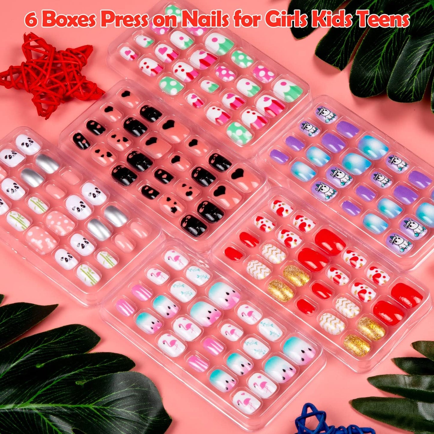 144 Pieces Fake Nails for Kids Girls Artificial Kids Press on Nails Full Cover Short Acrylic Stick On Nails False Nail Tips Kit for Children Little Girls Nail Art Decoration (Sweet Pattern)