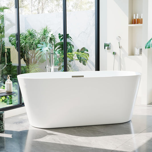59 Inch Freestanding Bathtub Acrylic Free Standing Tub 59 Inch, Free Standing Tub with Chrome Drain & Overflow, Ergonomic Stand Alone Tub for Small Bathroom or Home Spa