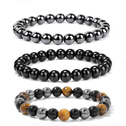 Crgwxzl 3pcs Triple Protection Bracelet, Genuine Tigers Eye Black Obsidian and Hematite 8mm Beads Bracelet for Men Women, Crystal Jewelry Stone Bracelets for Men Bring Luck Prosperity