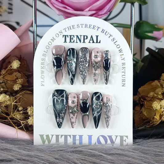 TENPAL Pink Black Press on Nails Long Stiletto,Metal Gothic Fake Nails with Punk Stars Beads,Cat Eye Glitter Edgy Y2K Ins False Nails with Tools,Sweet Grunge Irregular 3D Handmade Nails 10pcs(M)