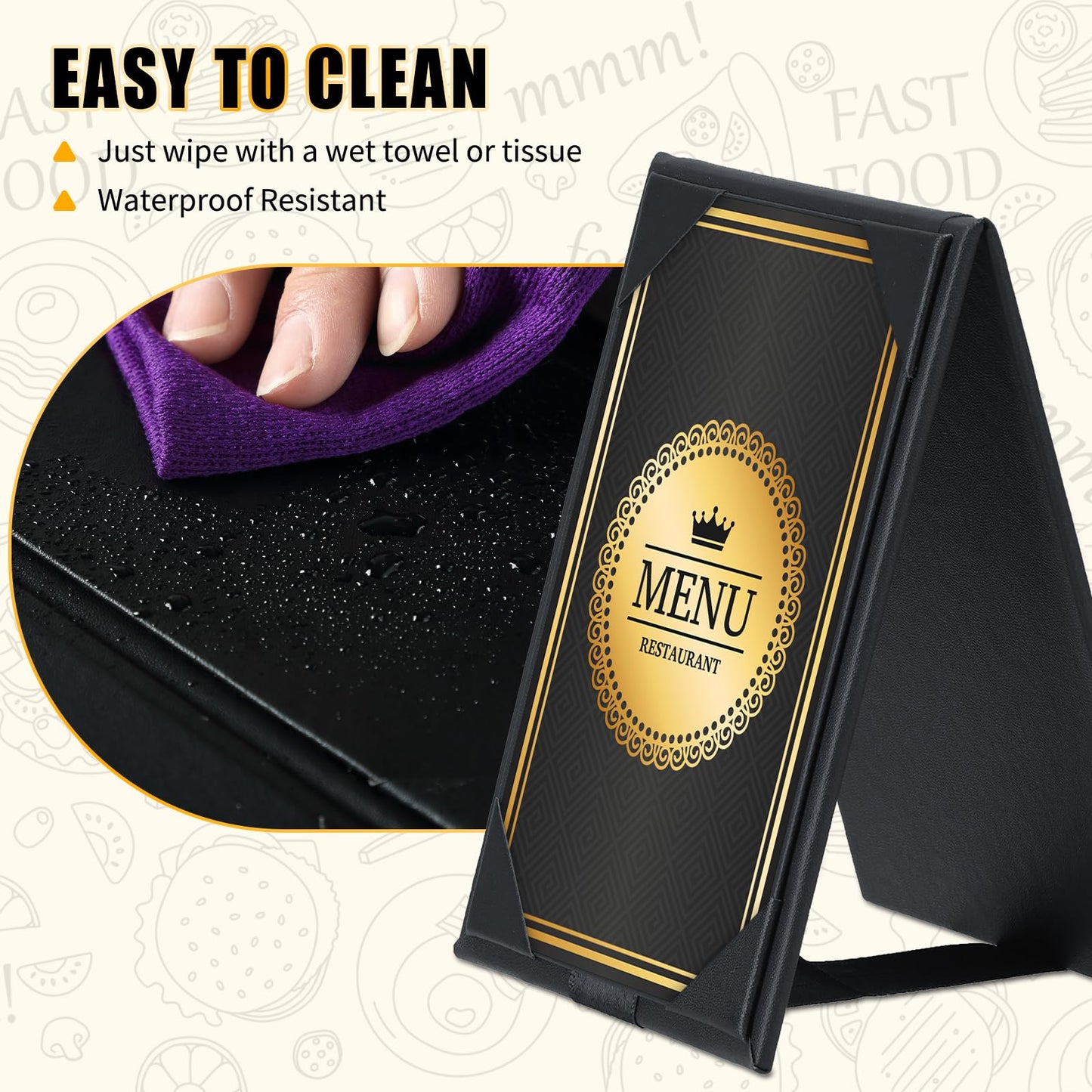 FLKQC 12 Pack Double-Sided Menu Holders 4"x 6", PU Leatherette A-Frame Table Tents for Restaurant, Bar, Cafe, Wedding, Durable and Foldable Design (12 pack, 4" x 6")
