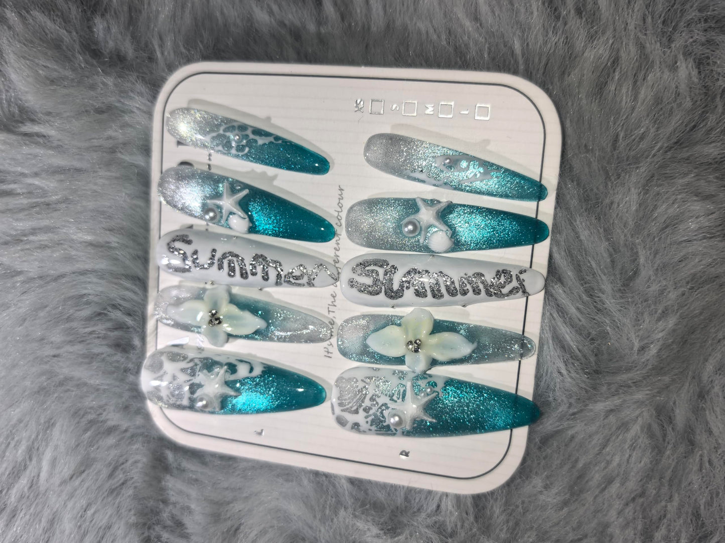 Summer Ocean Themed Press On Nails, Starfish & Floral Embellished Extra Long Stiletto Fake Nails, Reusable Manicure Set (L)
