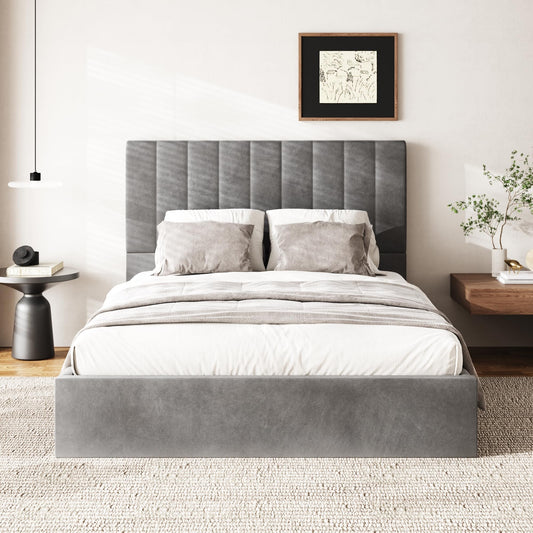 Sismplly Queen Size Cloud Bed Frame with 47" Tall Headboard, Velvet Upholstered Platform Bed with Thickened Sides & Footboard, No Box Spring Needed, Easy Assembly, Dark Gray