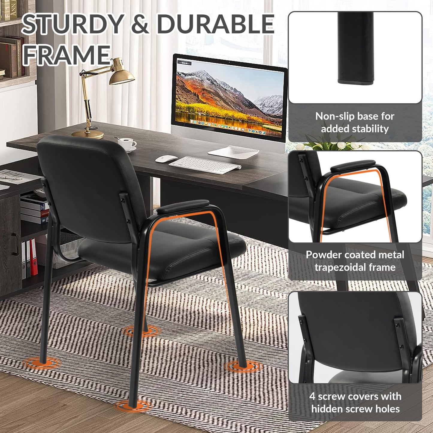 Elevon Waiting Room Chairs No Wheels Set of 4, Leather Stationary Office Reception Guest Chair with Padded Arms for Elderly Desk Conference Room Lobby Table Side Salon
