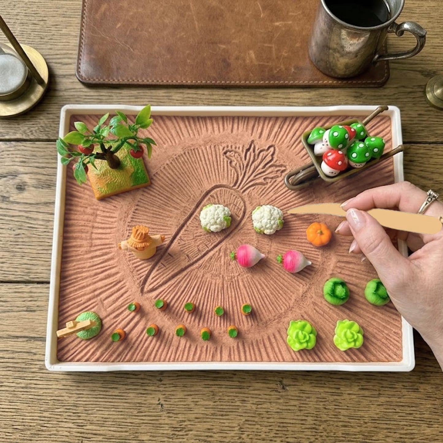Akisola Zen Garden for Desk, Vegetable Gardening Themed Sand Tray Therapy Kit for Office - Miniature Garden Models, Mushroom Tic-Tac-Toe, Stress Relief & Mindfulness Activity for Office & Home Decor
