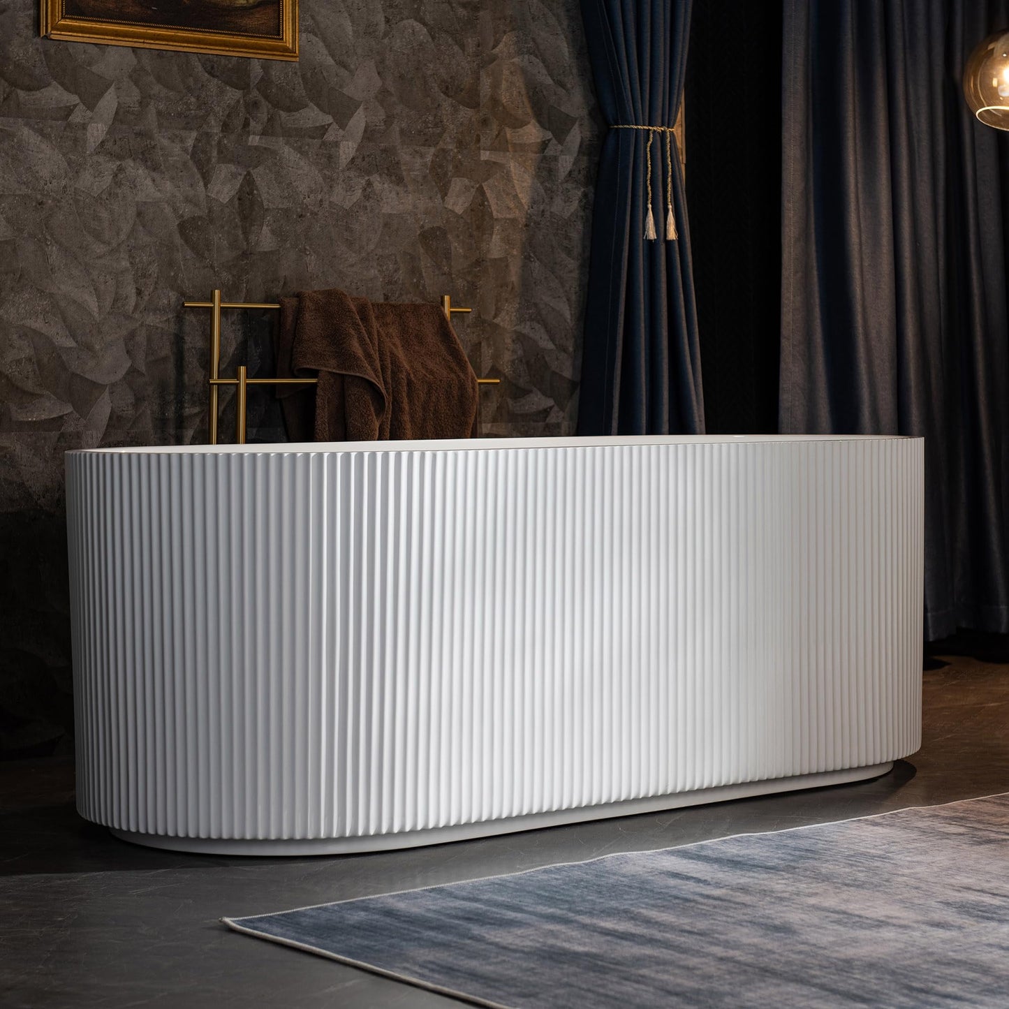 WOODBRIDGE 67" L x 31-1/2" W Freestanding Contemporary Soaking Bathtub,Unique Pleated Design,with Brushed Gold Pop-Up Drain Drain and Overflow Option, White,B1526-BG