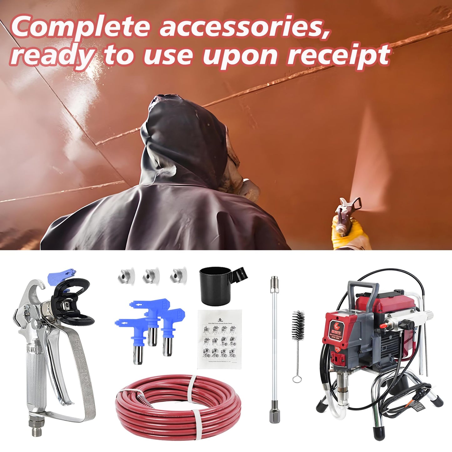 GUTUBAO 925 Airless Paint Sprayer Kit,High Efficiency Airless Painting Machine with 19.68" Extension,515,517,519 Tip for Large Projects, Commercial Paint Sprayer for House Painting or Contractor