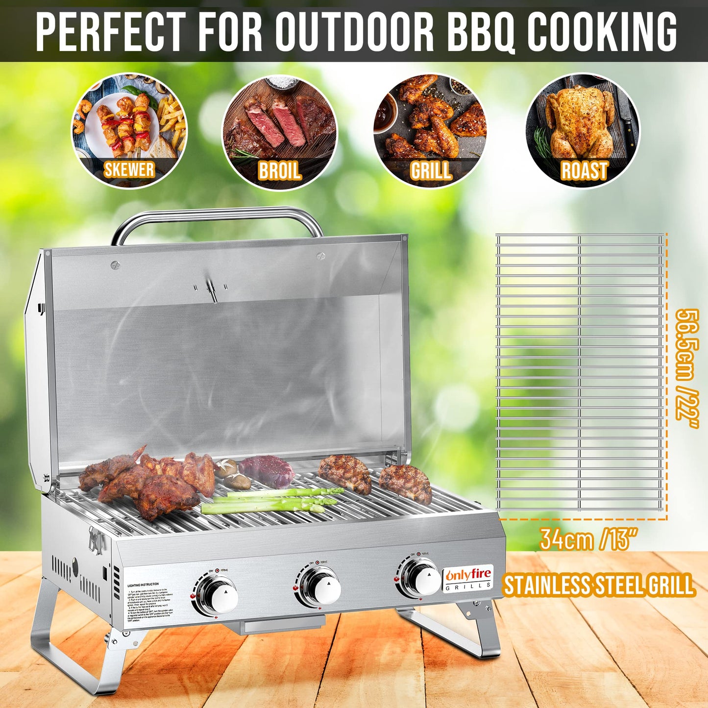 Tabletop Gas Grill 3 Burners, Portable Propane BBQ Grill with Foldable Legs & 22" Stainless Steel Grate for Outdoor Patio Backyard Barbecue, Camping Tailgating RV, 24000BTU High Output, Classic GS307