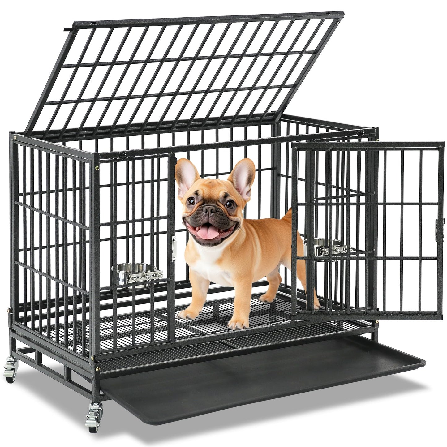 Homey Pet 37 inch Stackable Heavy Duty Dog Crate, Indestructible Escape Proof Dogs Cage Kennel with Lockable Wheels, Removable Tray & Metal Grid, Double Doors for High Anxiety Medium/Small Dogs