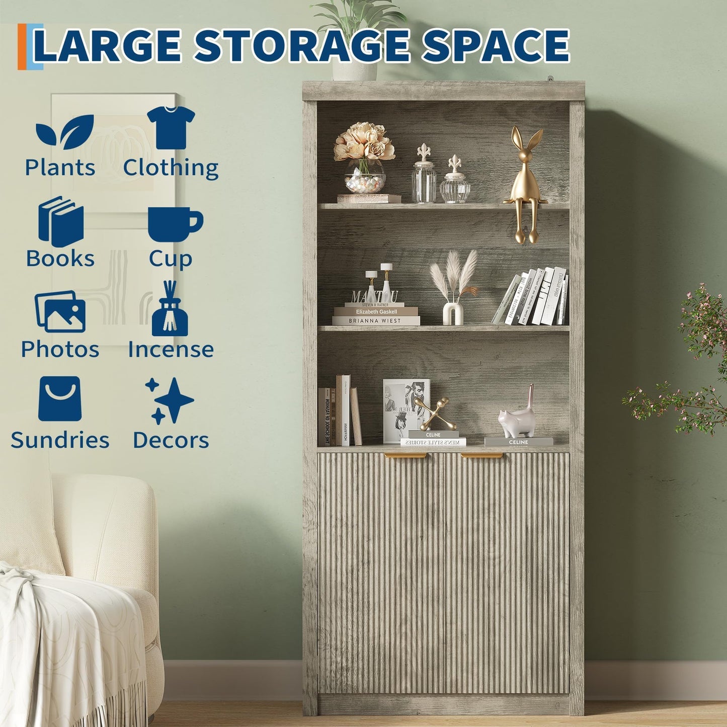 Garvee 71" Tall Bookshelf with Fluted Doors, 5 Tier Bookcase Display Shelves with Storage Cabinet & Adjustable Shelf, Mid-Century Modern Bookshelves for Home Office, Living Room, Oak