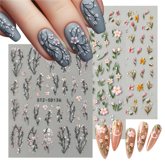 3 Sheets Flower Nail Art Stickers Decals 5D Self-Adhesive Nail Decals Spring/Summer Pink Peach Blossom Designs, Self-Adhesive Decals for Women's Nail DIY Decoration