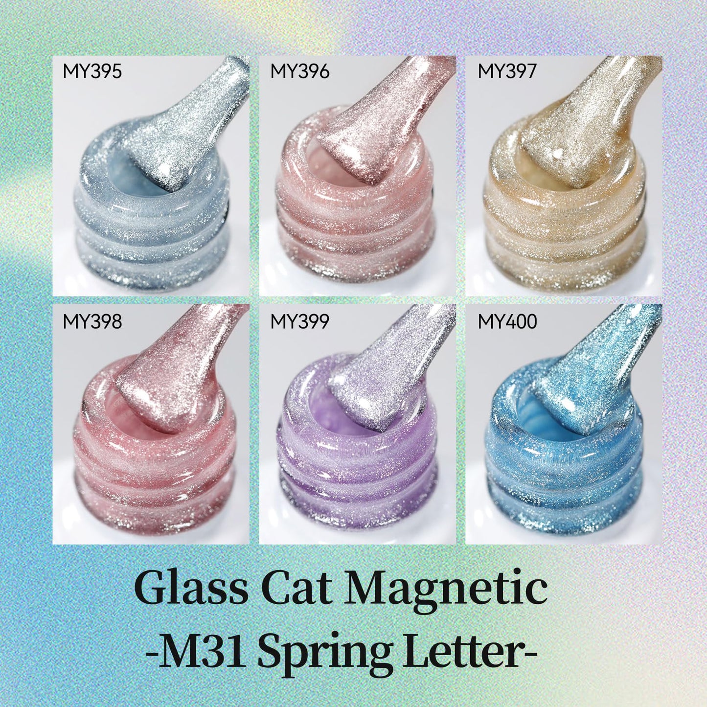 Born Pretty Spring Summer Cat Magnetic Eye Gel Nail Polish Set, 6 Colors Water Light Jelly Pastel Shimmer Glitter Glass Crystal Magnetic Gel Polish, Soak Off U V Gels for Salon DIY 7ML