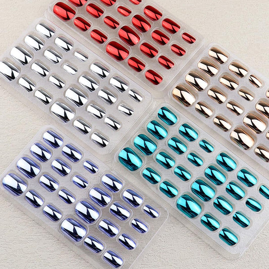 120 Pcs Mirror Metallic Press on False Nails Set for Girls Chrome Kid Fake Nails Pre-glue Children Artificial Metal Plating False Nails Short Oval Full Cover Acrylic Nail Tips Kit for Girl Toys