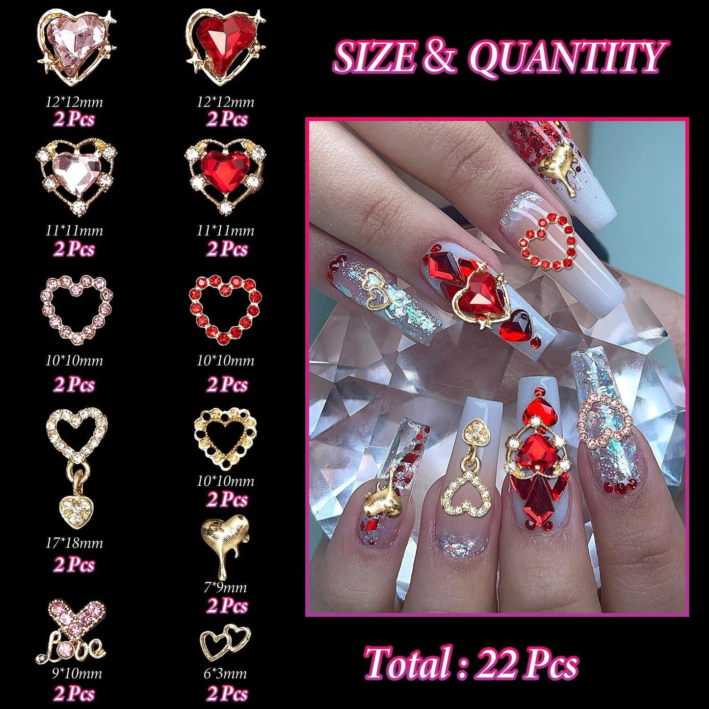 220 Pcs Gold Bow Heart and Acrylic Nail Art Charms, Love Nail Rhinestone and Gems, Pink Red Hearts Bowknot Junk Case Charms for Y2K Nail Art Manicure Design