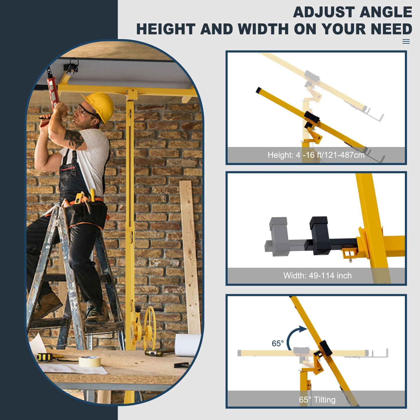Drywall Lift 16 Ft,Sheetrock Lift Drywall Lifter,150LBS Heavy Duty Rolling Lifter Panel,Hoist Jack with 360° Adjustable Telescopic Arm & 3 Lockable Wheels (16 Ft Yellow)