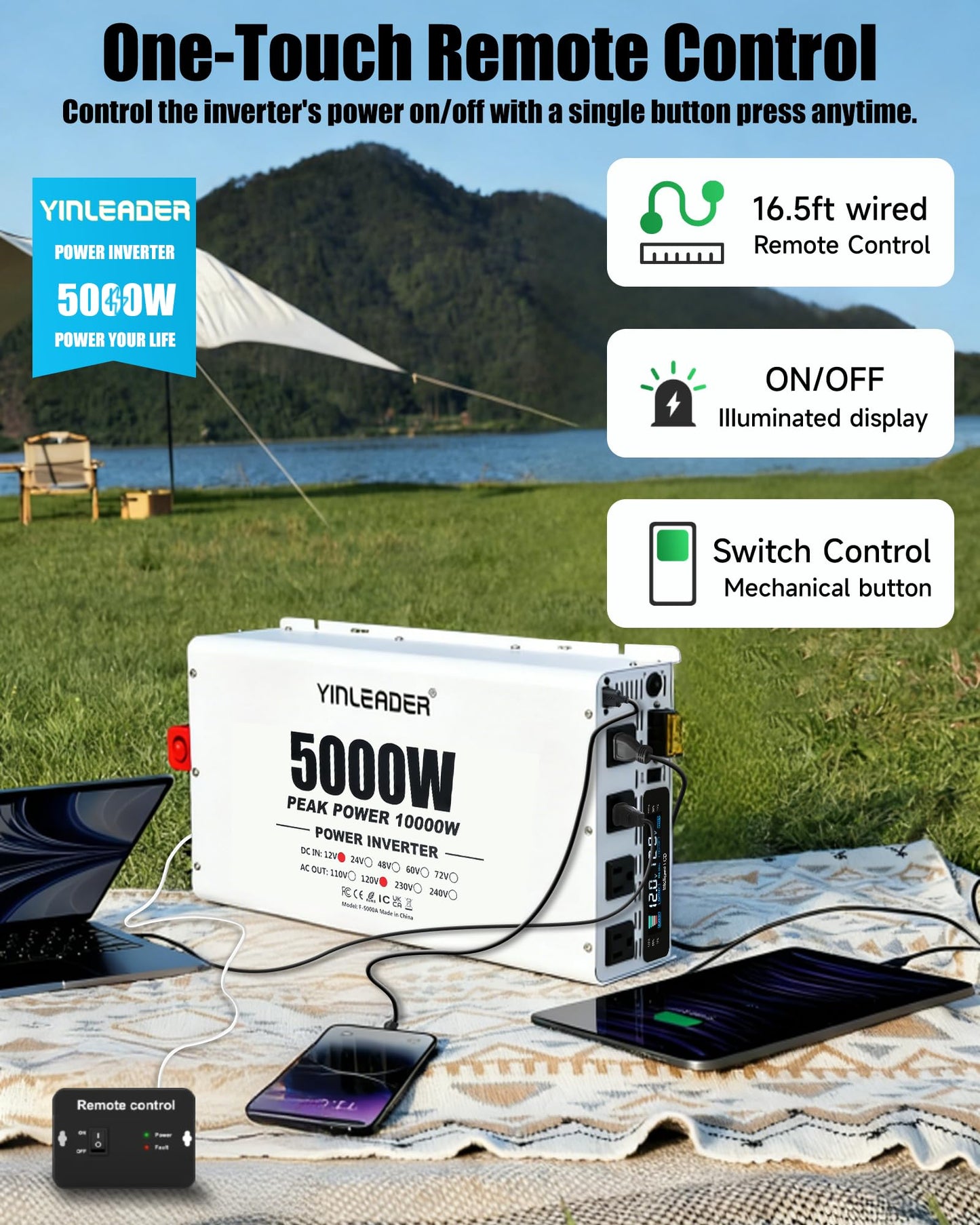 5000 watt Power Inverter 12V to 110V/120V, Solar Inverter Remote for RV Camping Off-Grid Solar Inverter Systems