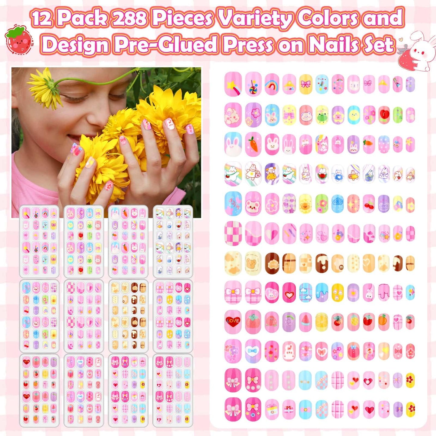 288 Pieces Kids Stick On Nails Girls, Acejoz Fake Nails Set Self Adhesive Press on Nails Tips for Little Girls Children 8-12 Year Kids Nail Decoration