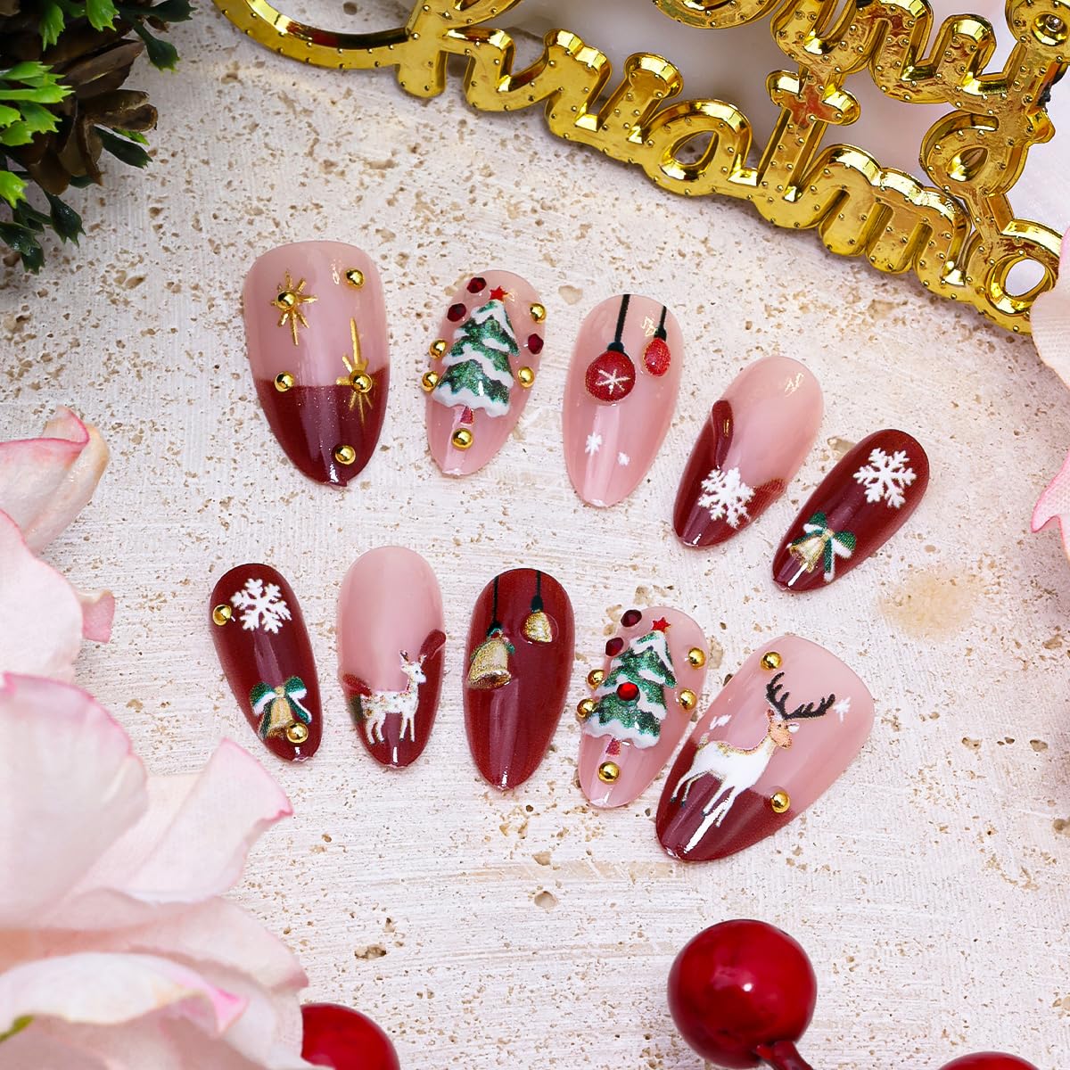 30Pcs Christmas Press on Nails Medium French Tip Fake Nails 3D Luxury Gold Beads Design Xmas Tree Bell Almond Acrylic Nails Cute Elk Snowflake Glue on Nails for Women Winter Christmas Manicure