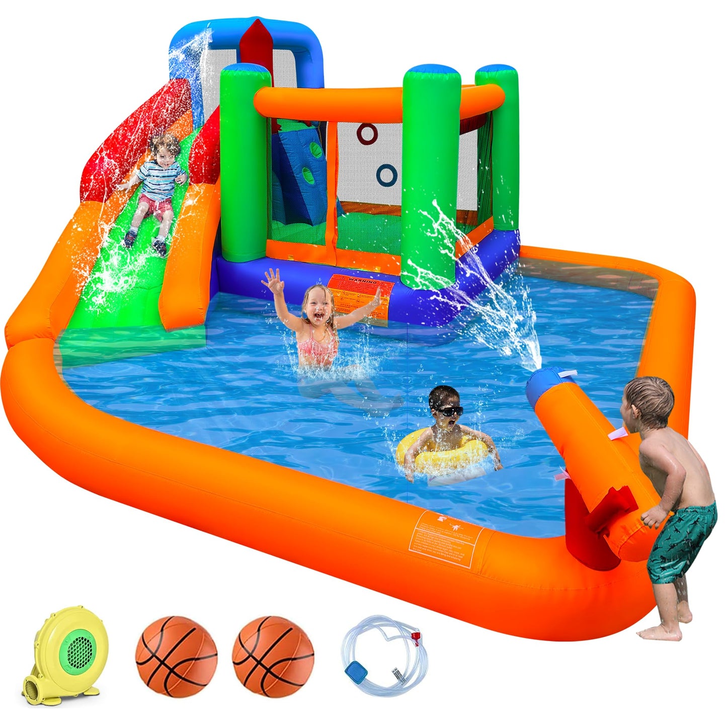 Inflatable Water Slide Spin Combo Jumper Bounce House with Large Slide, Bounce Area, Climbing Wall, Splash Pool, Water Cannon, Basketball Rim, Blower for Backyard Party