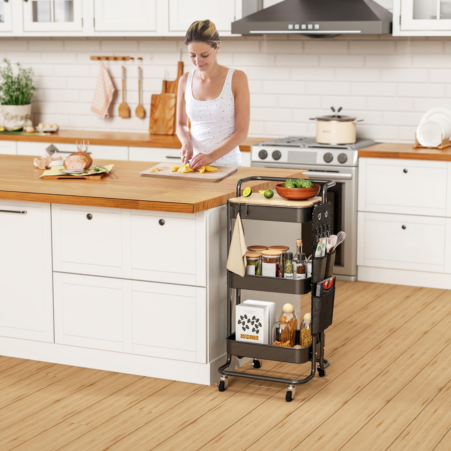 DTK 3 Tier Metal Utility Rolling Cart with Table Top and Side Bags, Tray Storage Organizer Wheels, Art Craft 4 Hooks for Kitchen Bathroom Office Living Room (Black)
