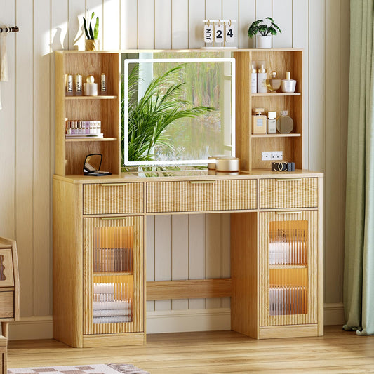 GRUTEUNIT 51" Large Vanity,Modern Fluted Makeup Vanity Desk with Mirror and Lights, Glass Top Vanity with 3 Drawers and 2 Cabinets&Charging Station,Dressing Table for Women and Girls’ bedrooms. Oak