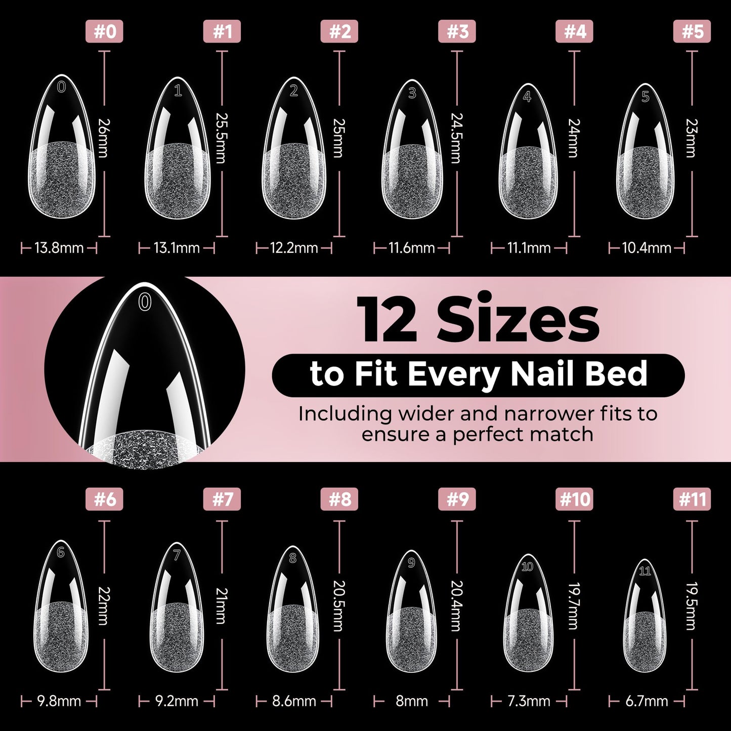 Luckyfairy Medium Almond Nail Tips, 240pcs Soft Gel Pre-Filed Acrylic Almond Fake Nails, Half Matte Full Cover Clear Press on Flase Nail Tips for Nail Extension Home DIY 12 Sizes Gelly Tips