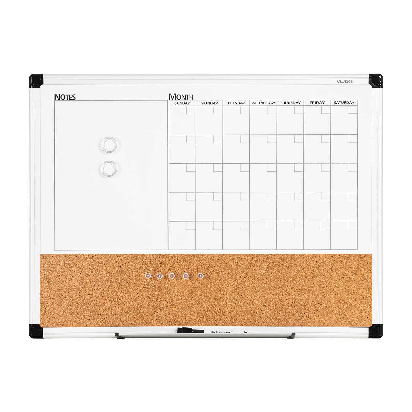 VUSIGN Monthly Calendar Whiteboard Dry Erase Cork Board Combo, 18" x 24" Planning Board, Silver Aluminium Frame