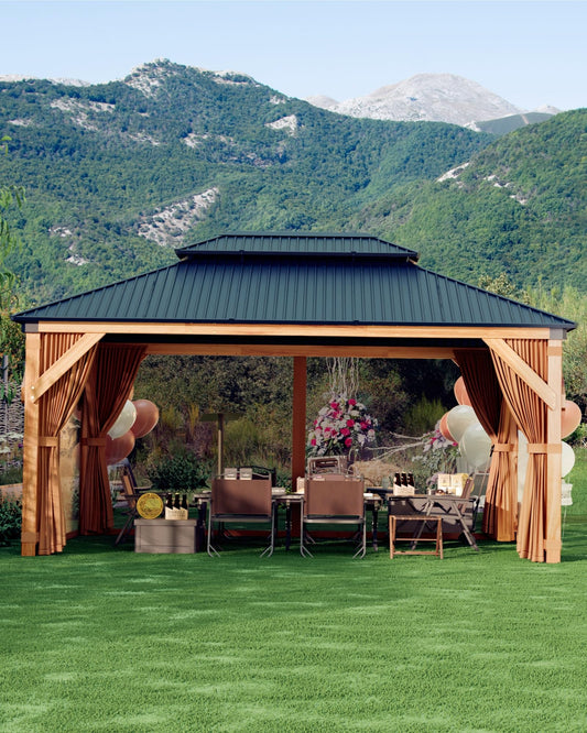 GarveeLife Hard top Wood Gazebo 12 ft x16 ft for All Weather, with Double Metal Roof, Heavy Duty Wooden Frame, Net, and Curtain, Permanent Building for Patio, Deck, Backyard, Lawn, and Garden, Khaki