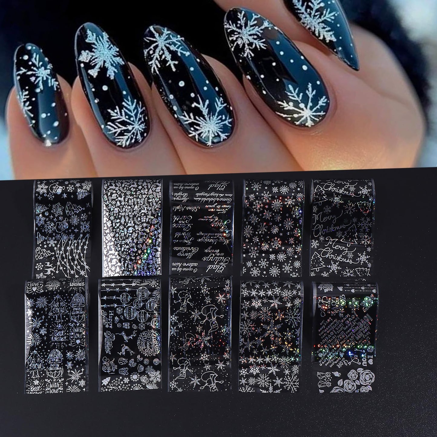 Christmas Holographic Nail Foil Stickers 50 Sheets Winter New Year Nail Art Foils with Xmas Tree Snowflakes Snowman Star Fireworks Transfer Foil for Nails Decoration Manicure Accessory for Women