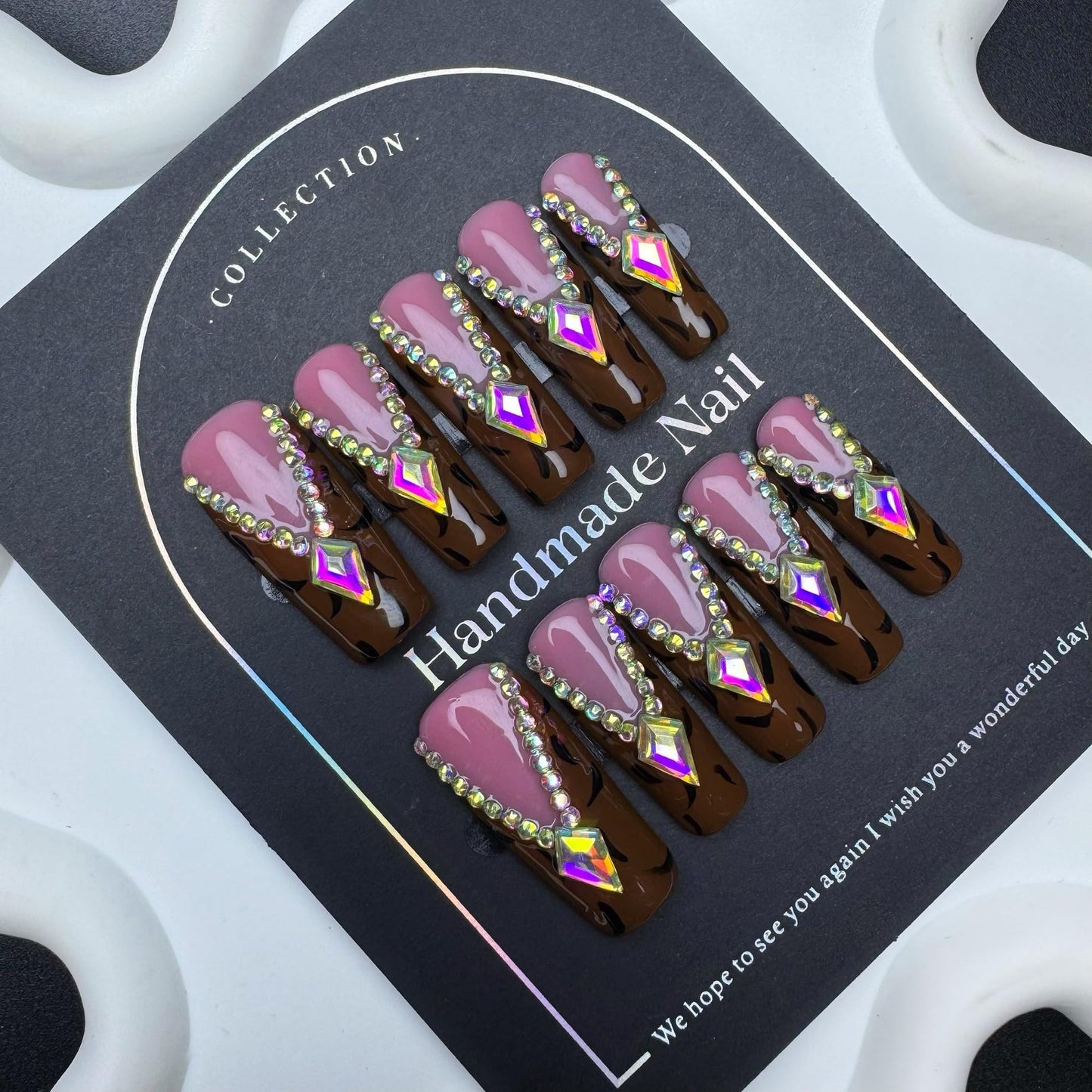 Diamond Press on Nails Handmade Long Coffin Fake Nails Fall False Nail Brown Leopard French tip Glue on Nail Rhinestone Stick on Nail Reusable Handmade Nails for Women Manicure Size M