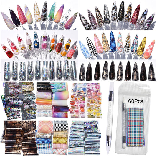 Nail Art Transfer Foils, 60 Pieces, Mixed Designs - Dried Flowers, Iridescent, Animal Print, Marble, Checkered Patterns, 1 Pcs Nail Art Engraving Pen Silicone Pen 7.87 x 1.57 inches(60)