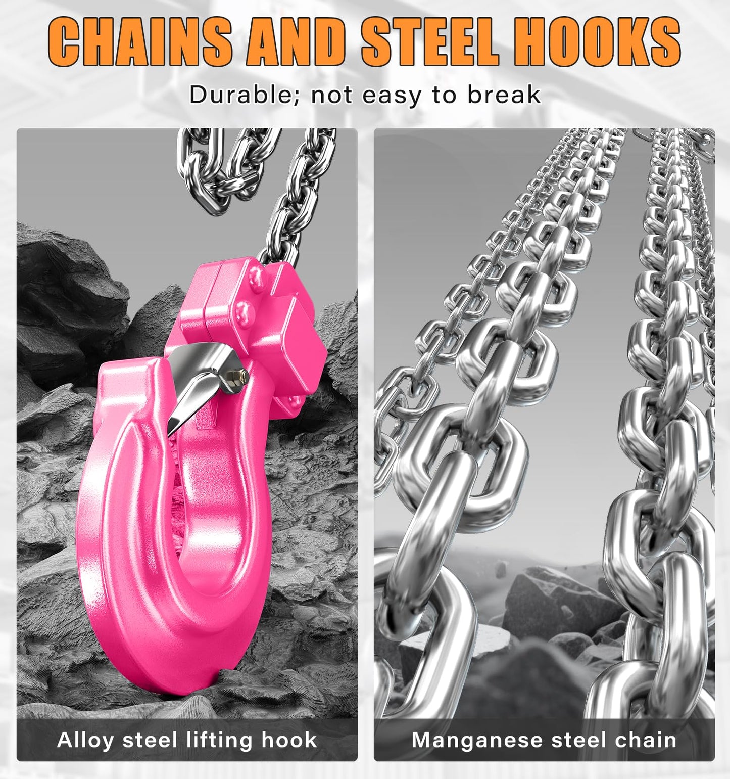 HUGOASIS Aluminum Alloy Hand Chain Hoist 1 Ton 2200lbs Capacity 10ft,Portable Dual Brake Chain Block with Galvanized Chain, 360° Swivel Hook for Garage Warehouse Construction, Workshop Lifting,Pink