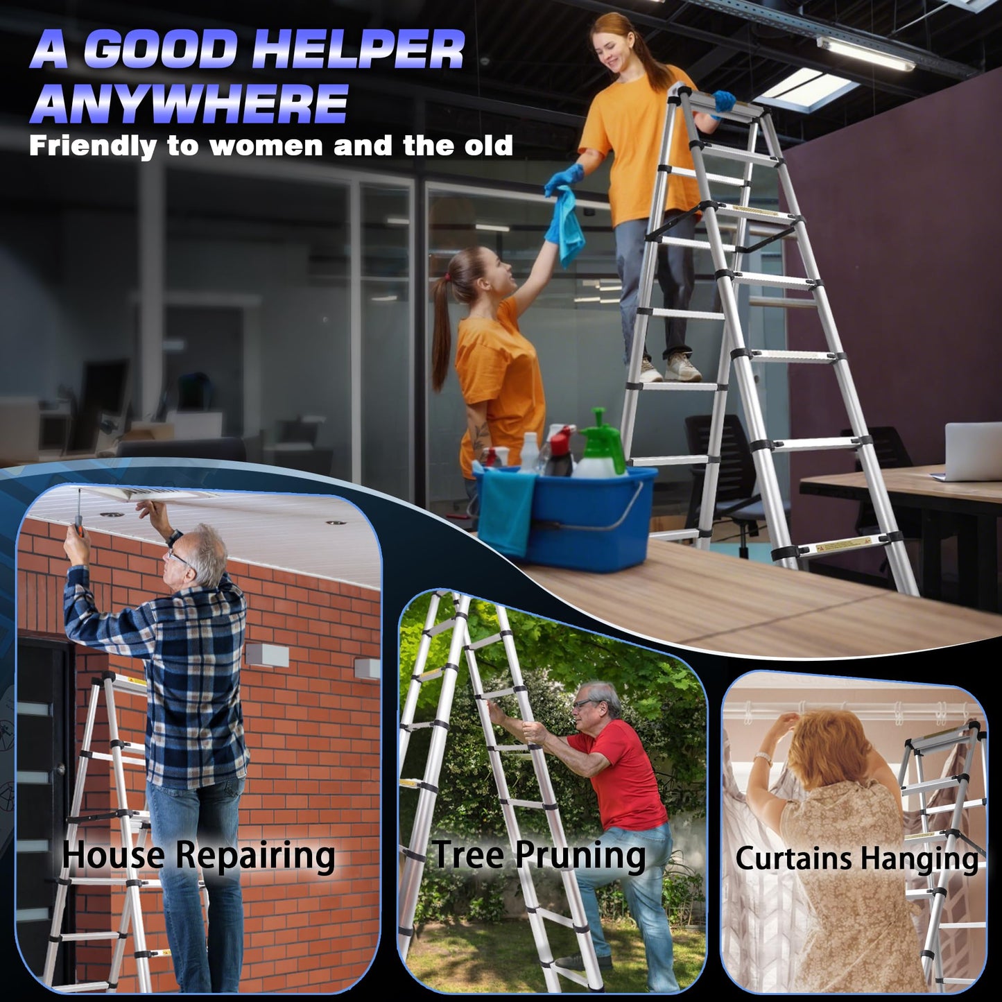 8.53 FT A-Frame Aluminium Telescoping Ladder,9+9 Step Ladder,330LB Load Capacity,Portable Telescopic Folding Extension Ladder Heavy Duty Collapsible (Sliver, 2.6m+2.6m/17FT A Frame)