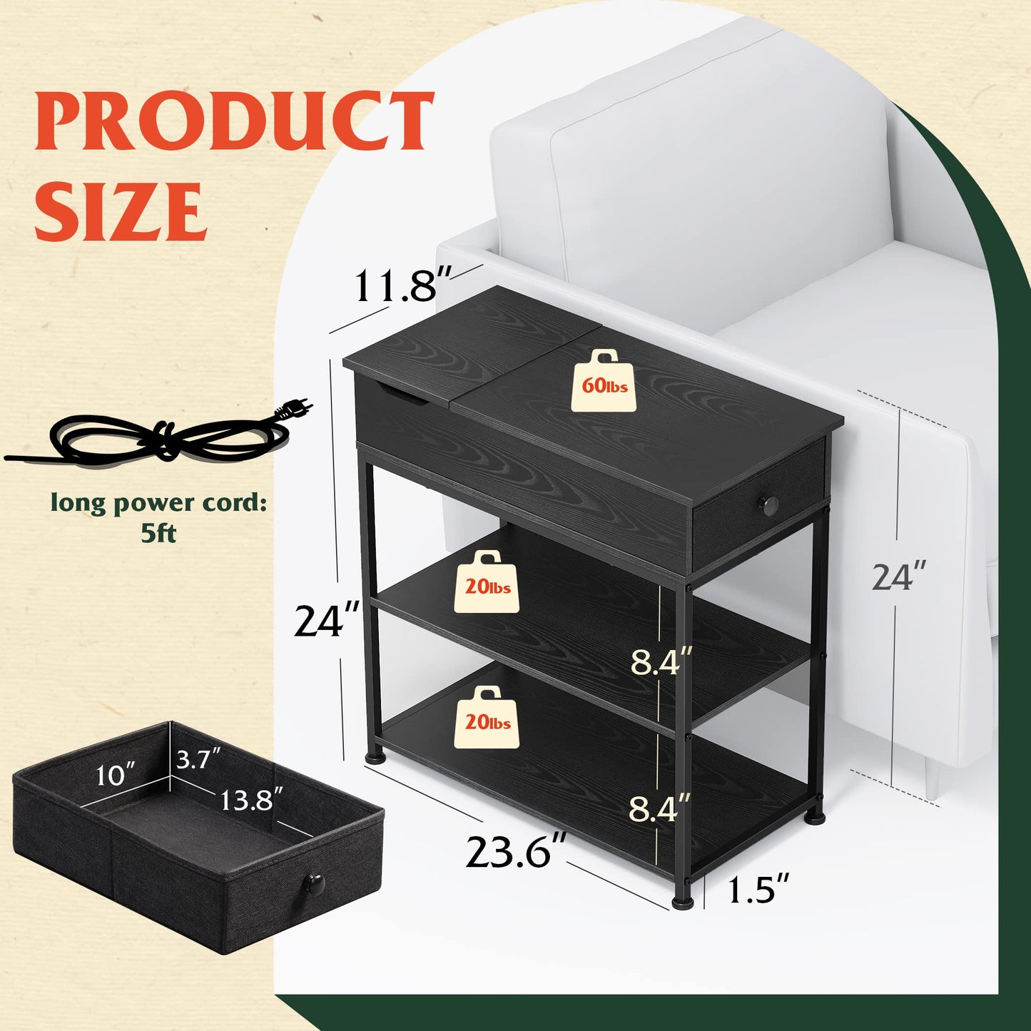 WLIVE Narrow Side Table with 2 USB Ports and 2 Outlets, Flip Top Black End Table with Drawer and Storage Shelves, Small Nightstand with Charging Station for Living Room/Bedroom