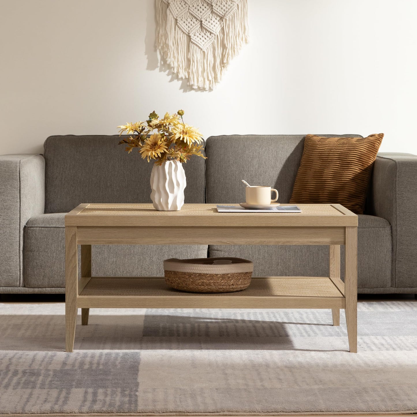 SICOTAS Rattan Coffee Table for Living Room - Boho Rectangular Dining Center Table with 2 -Tiers Rattan Storage Shelf, Farmhouse Accent Table for Living Room, Home Office, Light Oak