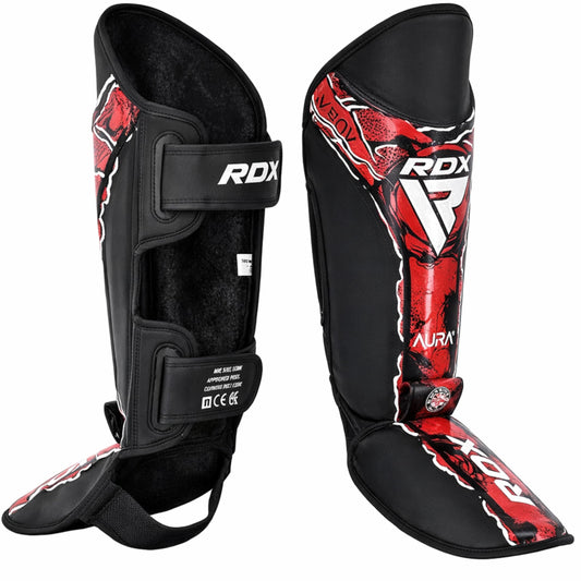 RDX Shin Instep, Kickboxing Muay Thai, Leg Instep Pads, MMA Martial Arts Kicking Sparring Training Gear, BJJ Karate Boxing Taekwondo (Black Red, M)