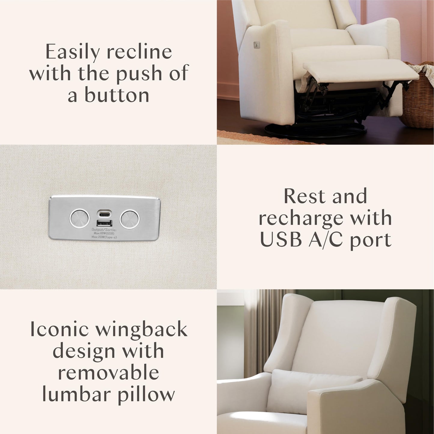 Babyletto Kiwi Glider Recliner Nursery Chair w/ USB Ports - GREENGUARD Gold Certified - Water & Stain Resistant Glider Rocking Chair - Electronic, 270° Swivel, Performance Cream Eco-Weave