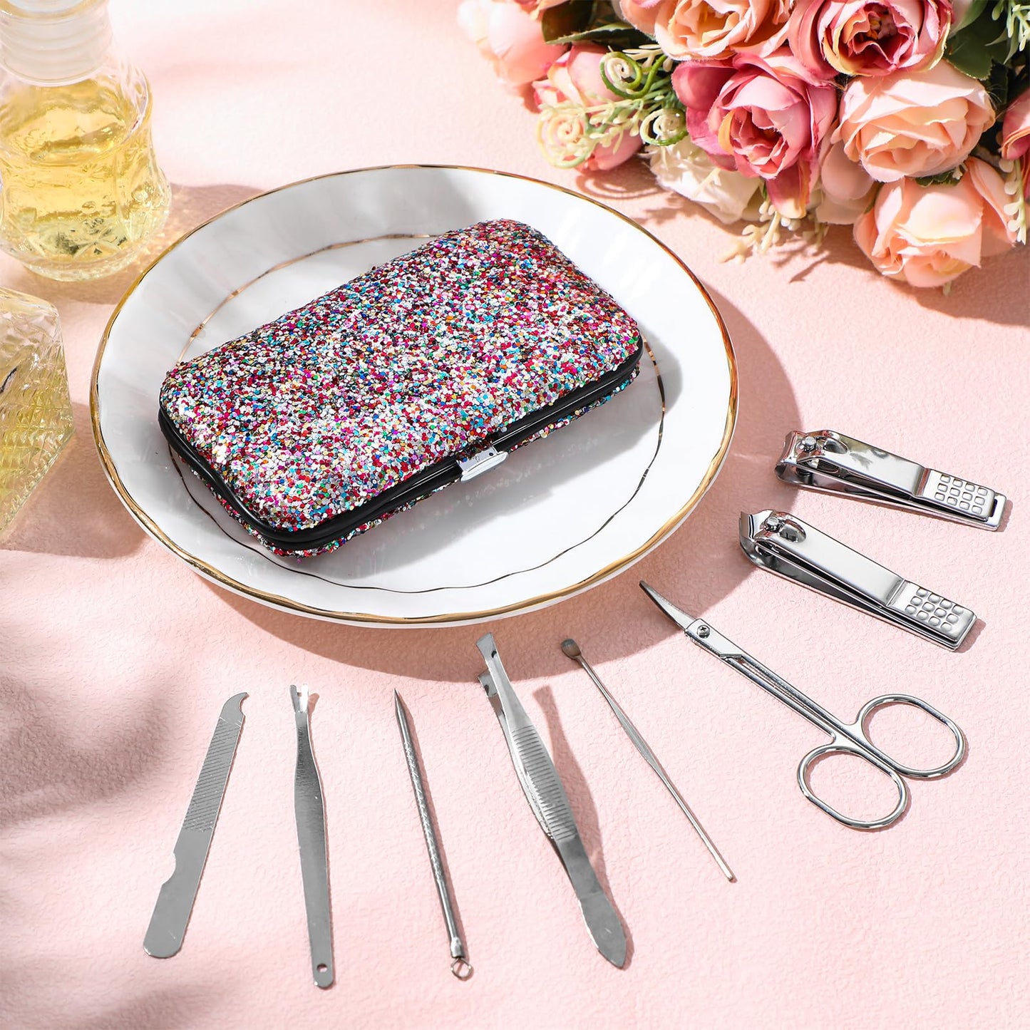 Geosar 12 Set 8 in 1 Manicure Gifts for Mothers Day Bulk Stainless Steel Nail Clippers Kit Pedicure Care Tools with Leather Case Travel Grooming Kit Gift for Women Men Hands Foot(Glitter Candy Color)