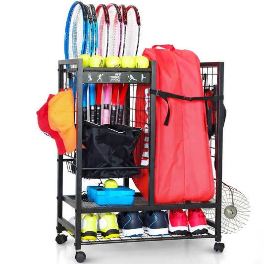 Mythinglogic Tennis Racket Rack, Rolling Storage Rack with Lockable Wheels, Large Capacity Tennis Equipment Storage Organizer for Garage, Club, School